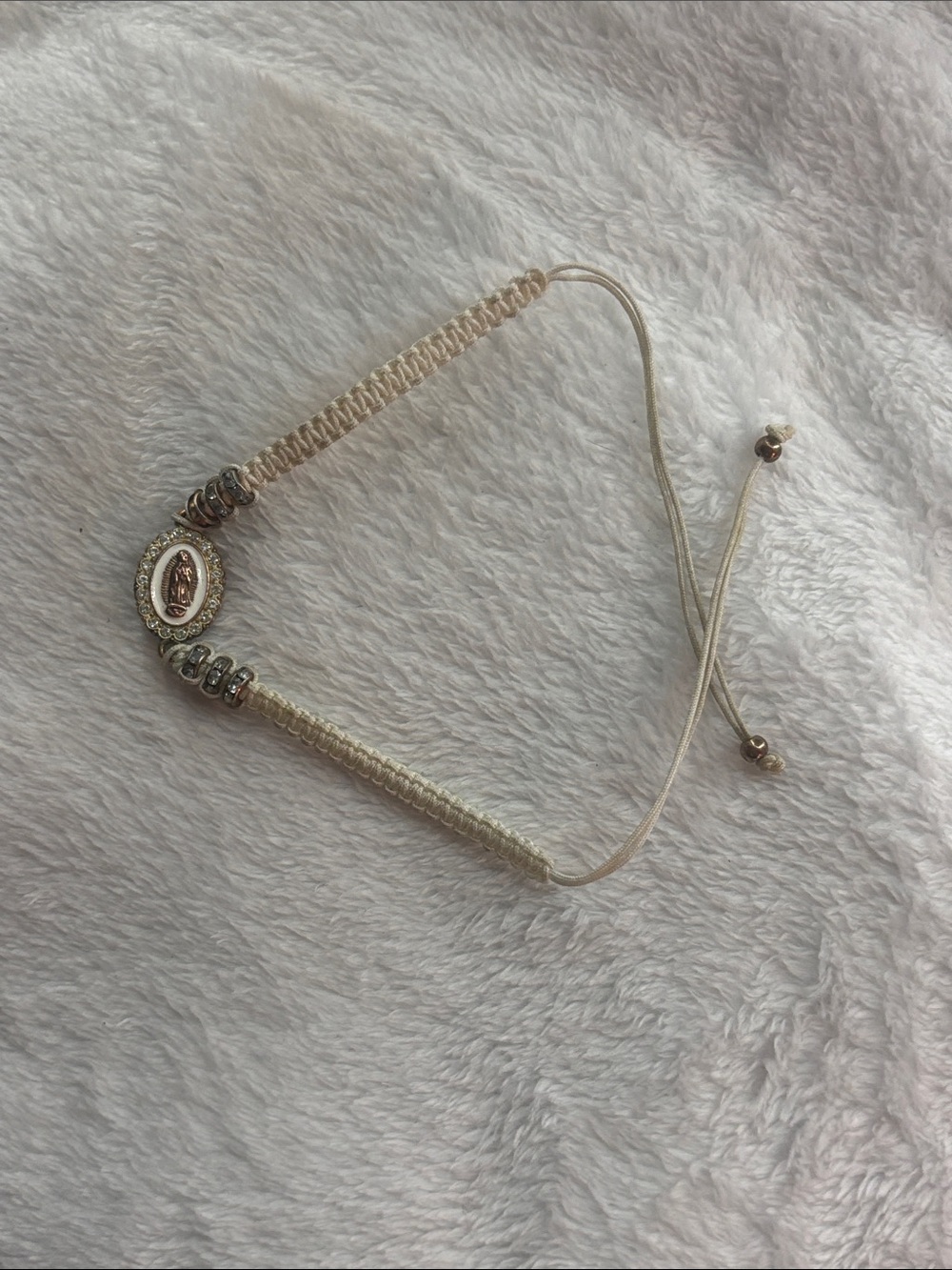 Cream Braided Rosary-Style Adjustable Bracelet with Metallic Accents